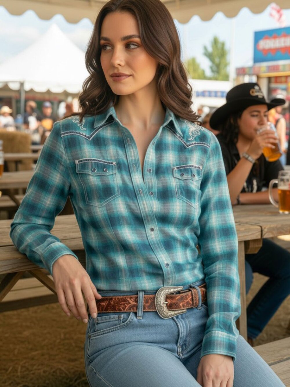 Y2K Rock 47 by Wrangler Plaid Crystal Pearl Snap Shirt S